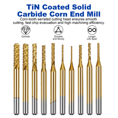 Twotrees TiN Coated Solid Carbide Corn End Mill Set 10PCS